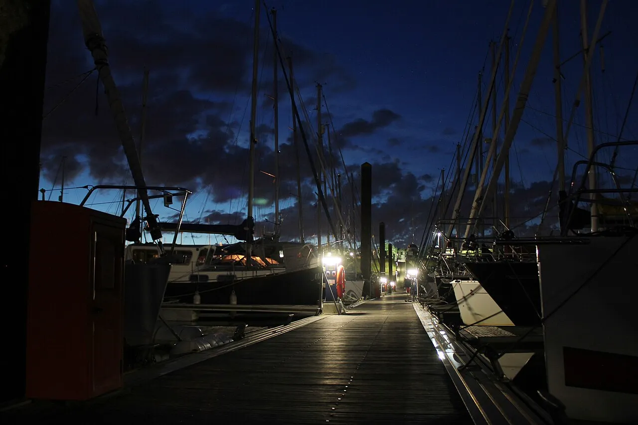 Burnham Yacht Harbour pontoon at night