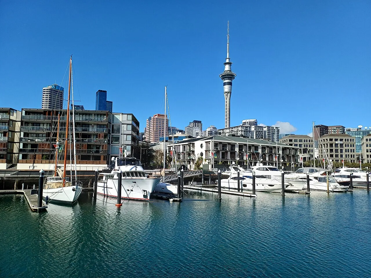 Boats in the Viaduct Harbour below the Sky Tower (2026)