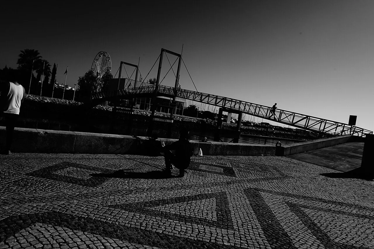 The lifting footbridge at the marina entrance