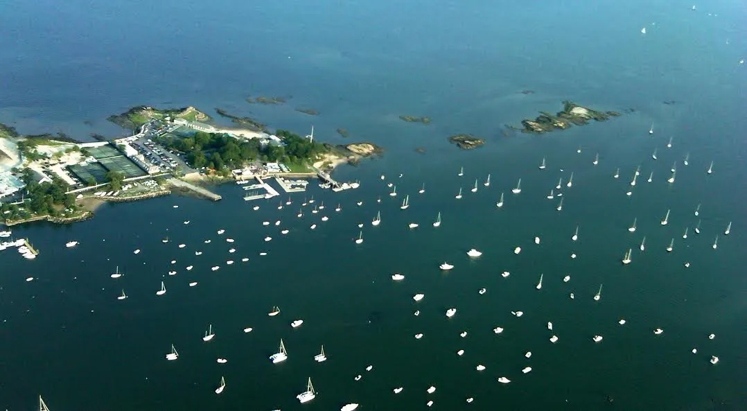 Aerial view of American Yacht Club on Milton Point, Rye