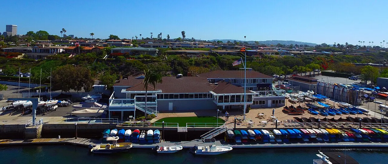 Aerial view of Balboa Yacht Club on Newport Harbor