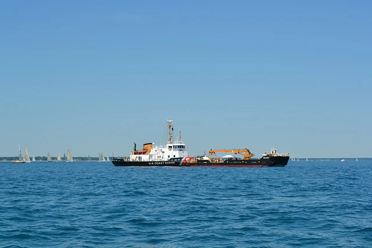 A US Coast Guard cutter on station at the start of the 2013 Bayview Mackinac Race