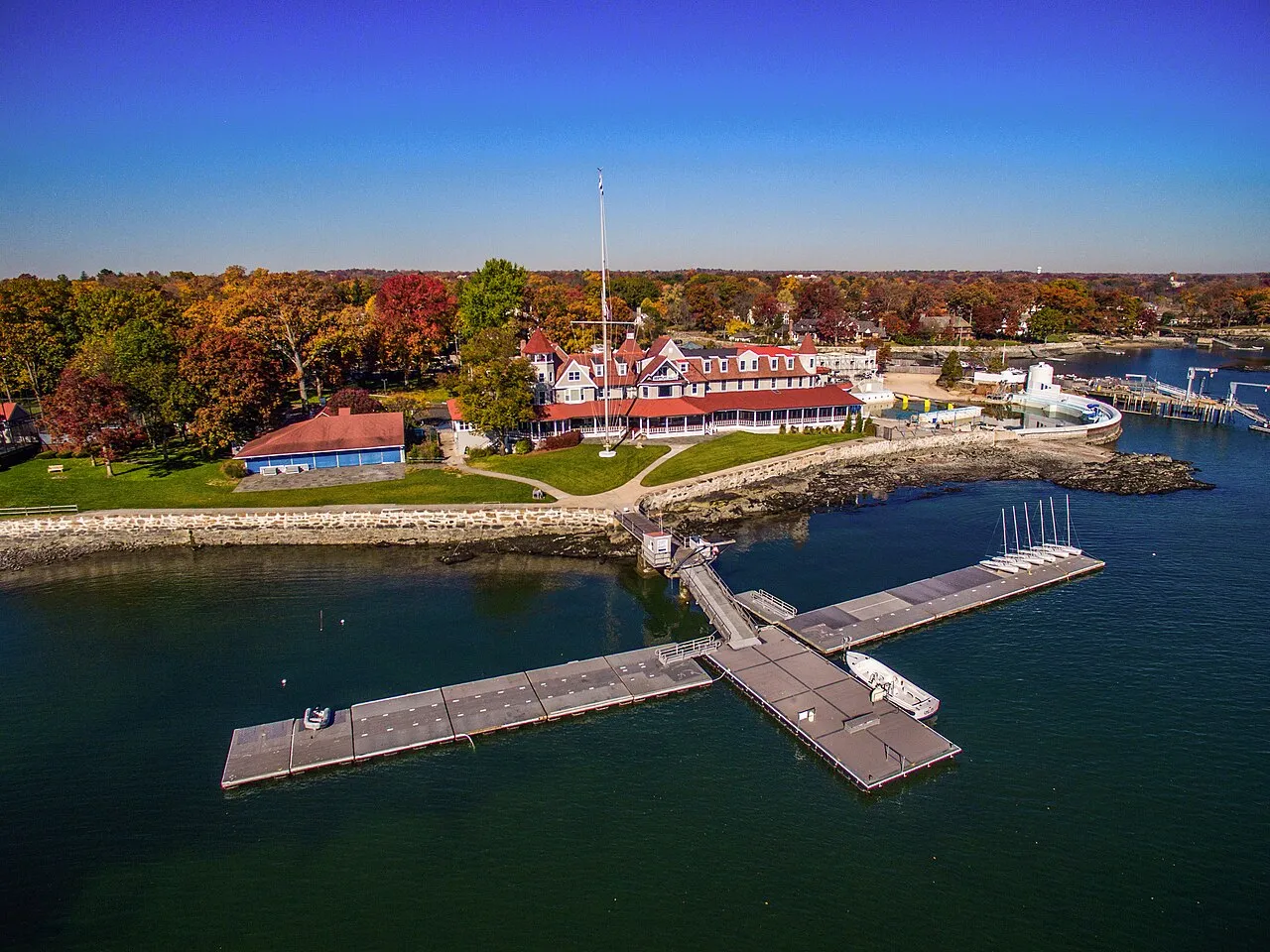 The clubhouse and docks on Long Island Sound from the air (2016)