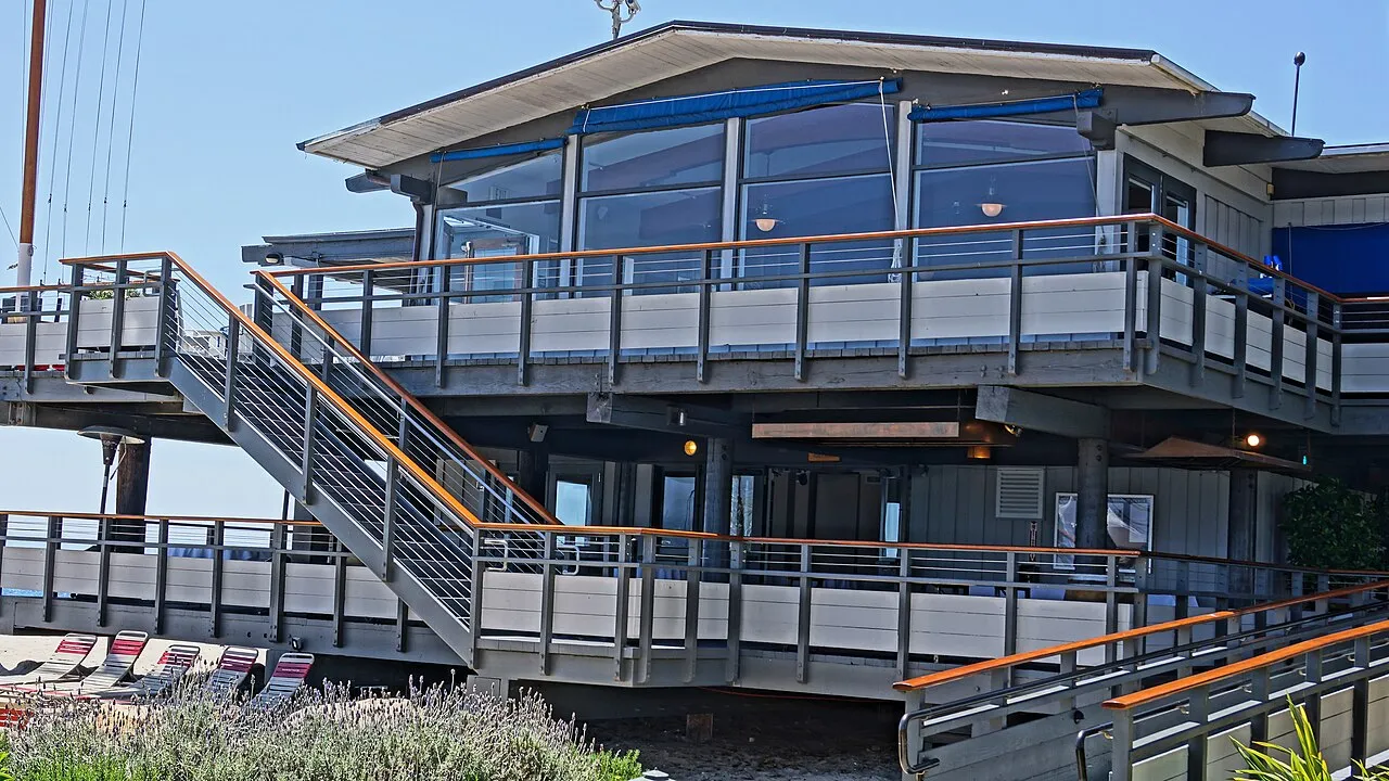 The yacht club building on the Santa Barbara harbor beach