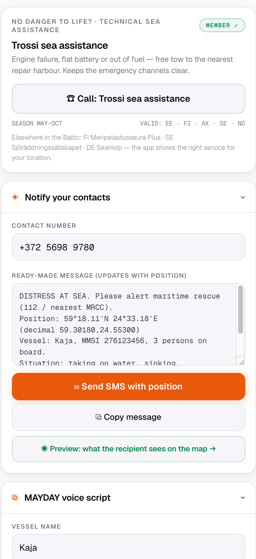 VesselSOS technical-assistance screen showing who to call for a non-emergency tow