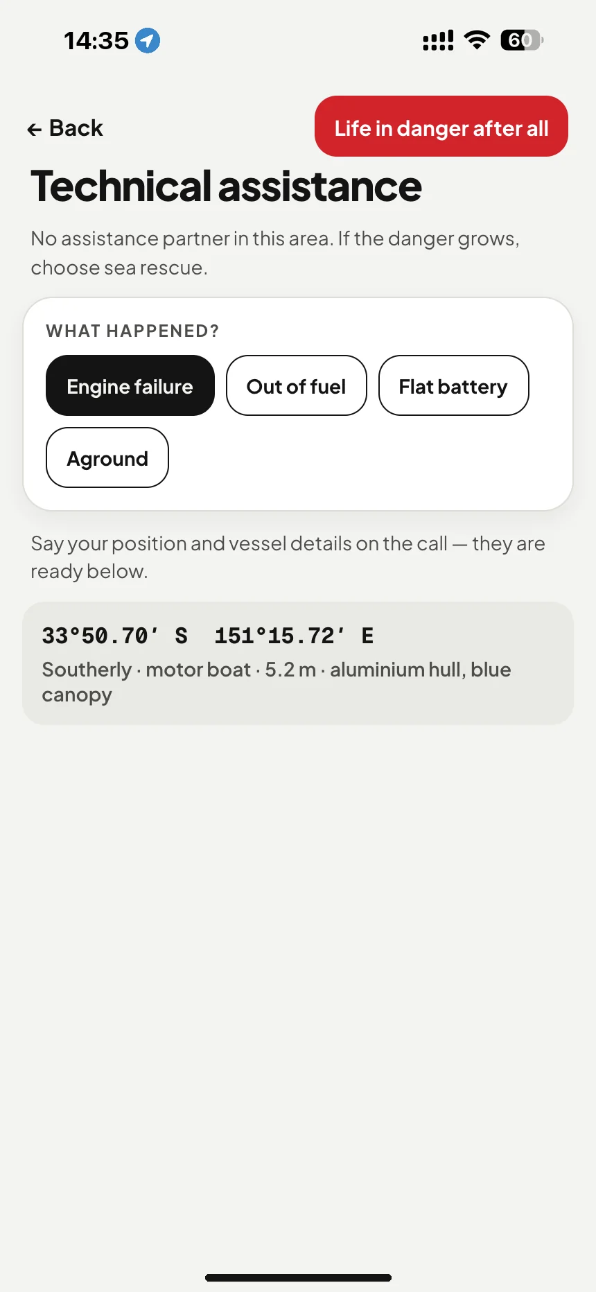 Boat breakdown help: engine failure, out of fuel or flat battery: position and boat details ready for your call · VesselSOS