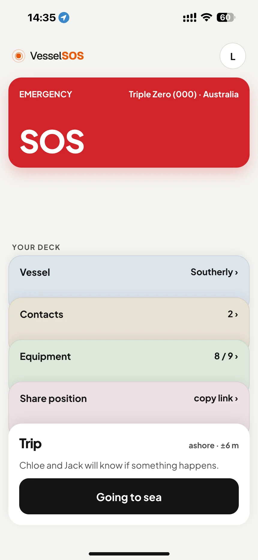 Boating safety app: SOS button with Triple Zero (000) for Australian waters · VesselSOS