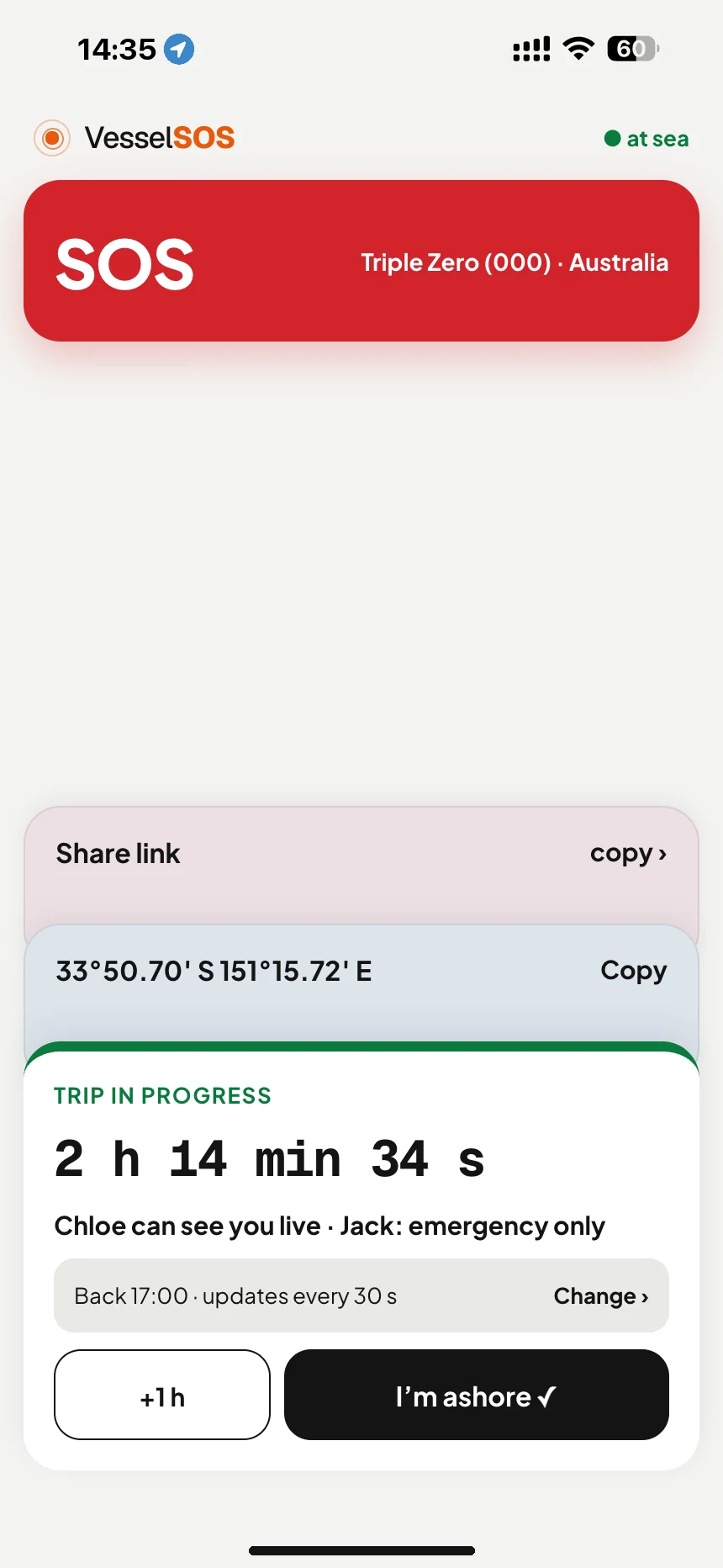 Boating trip tracking: trip under way with return time and who can see you live · VesselSOS