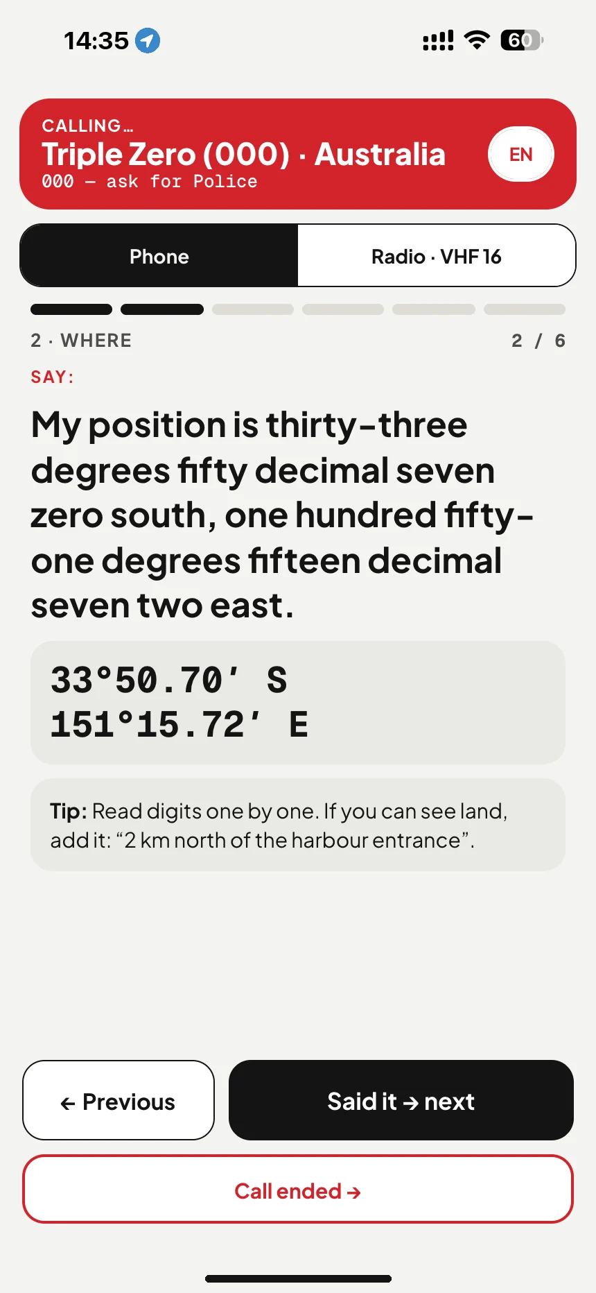 Call 000 from a boat: the call script says “Police. Boat emergency, I’m on the water” and reads your position out in words · VesselSOS