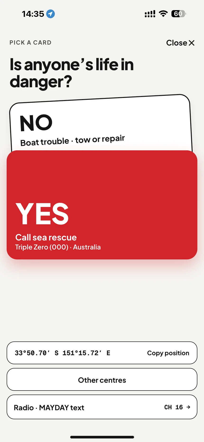 Marine SOS in Australia: is anyone's life in danger? Yes dials 000, no opens breakdown help · VesselSOS