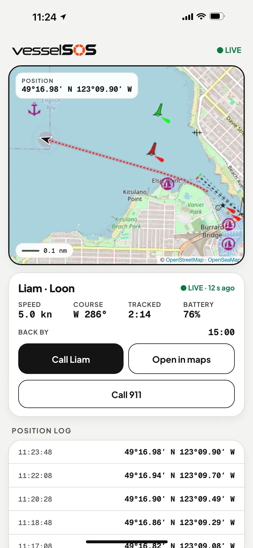 Boat tracking app for Canada: a live link shows your boat's position, speed in knots and phone battery on a map, with a Call 911 button for family ashore · VesselSOS