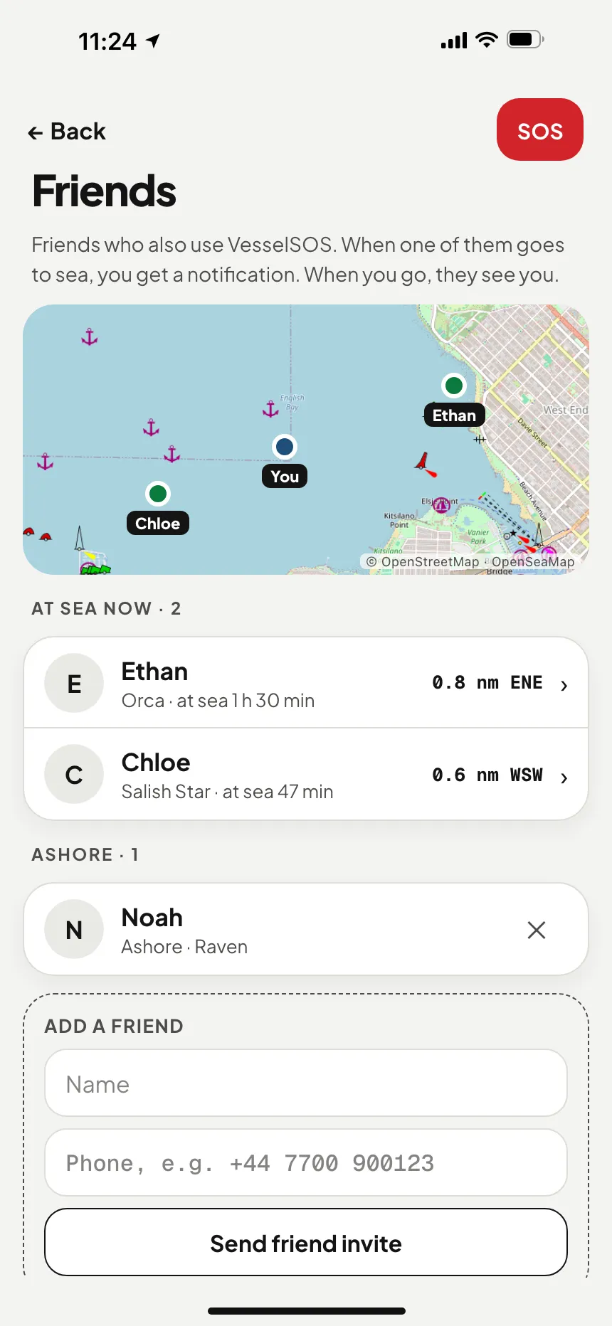 Boating friends map: two friends on the water near you with their boat, time out and distance, and one friend ashore · VesselSOS