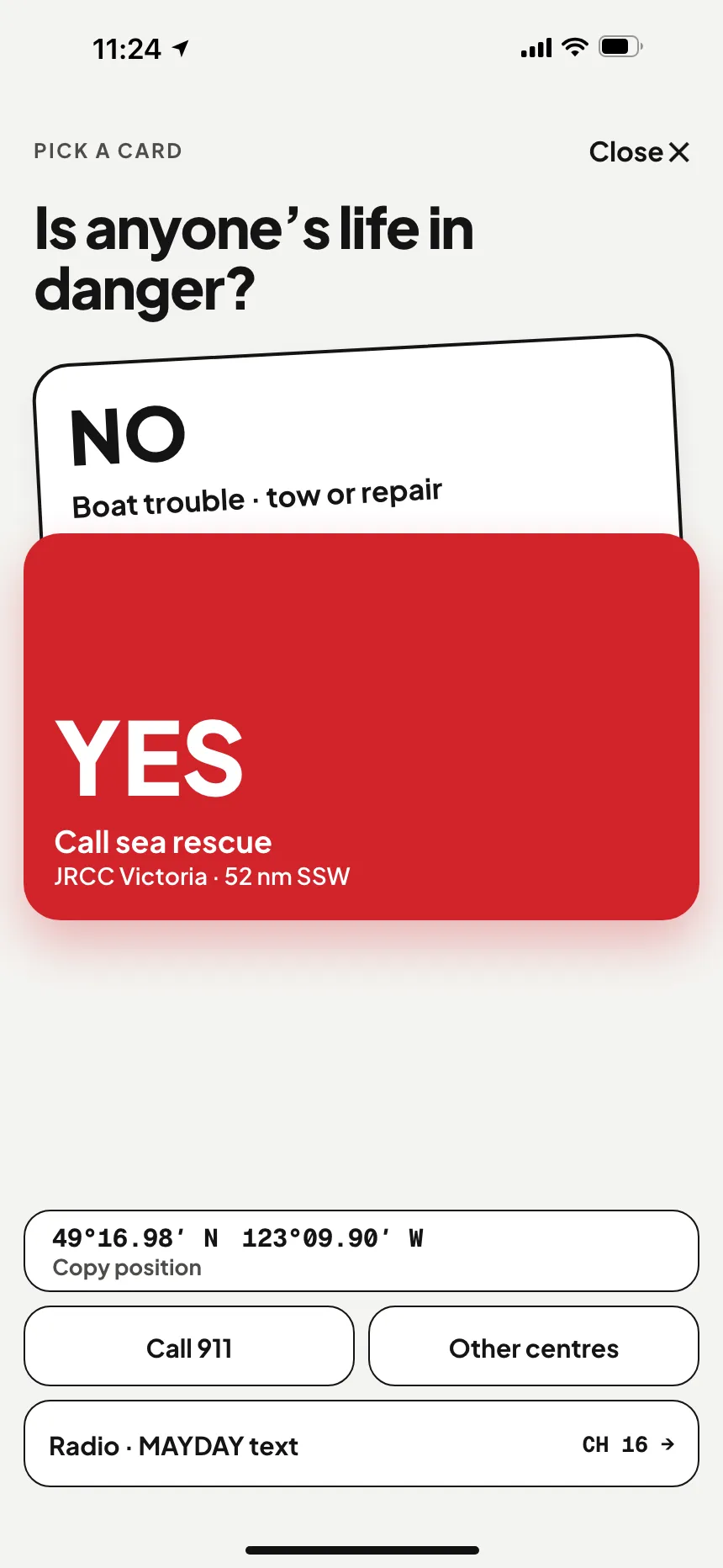 Marine SOS in Canada: is anyone's life in danger? Yes calls the Coast Guard rescue centre, JRCC Victoria, no opens towing, and 911 is one tap away · VesselSOS