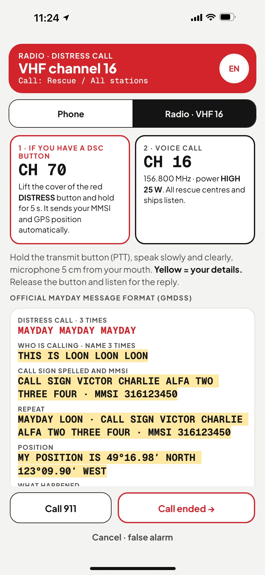 VHF channel 16 Mayday: the distress call script filled in with your boat's name, call sign, MMSI and position · VesselSOS