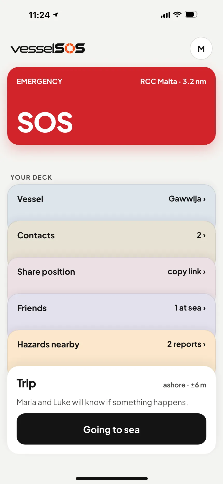 Boating safety app home screen: SOS button and the responsible rescue centre, RCC Malta · VesselSOS