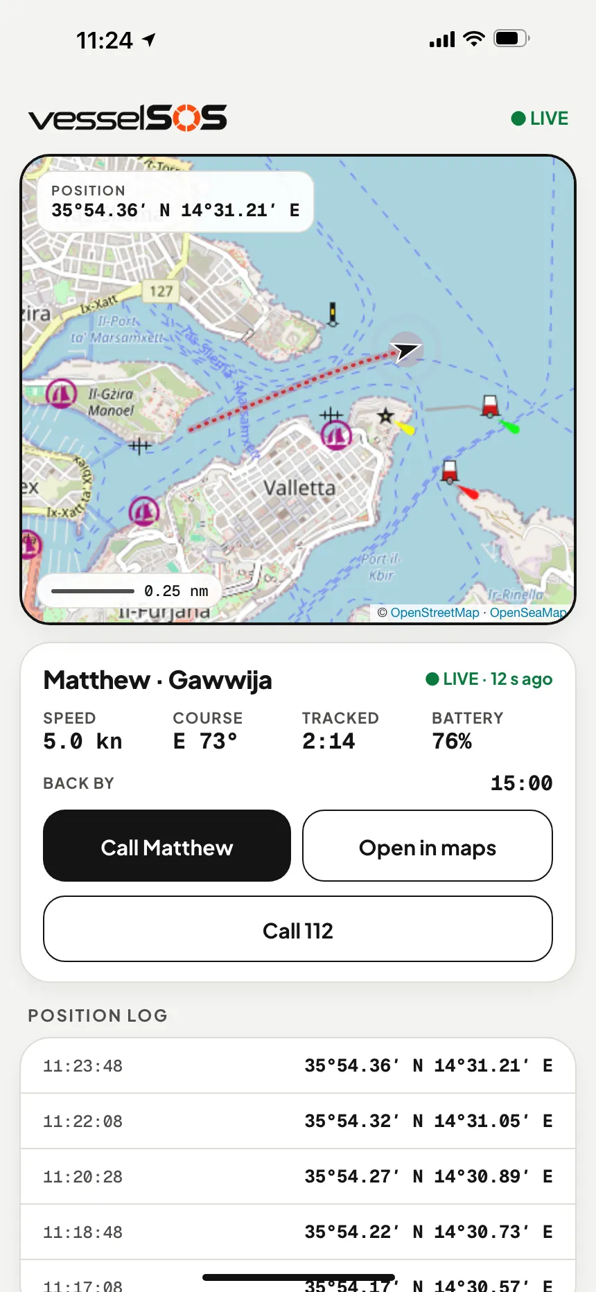 Live boat tracking link: the boat's position, speed and phone battery on a map in any browser · VesselSOS