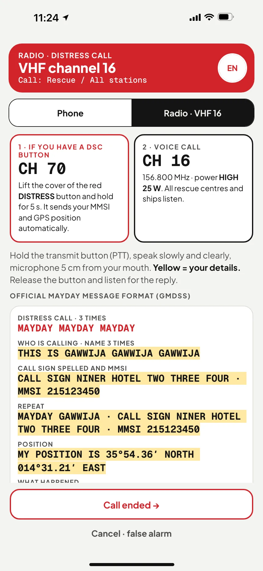 VHF MAYDAY call: channel 16 distress message filled in with the boat's name, call sign and position · VesselSOS