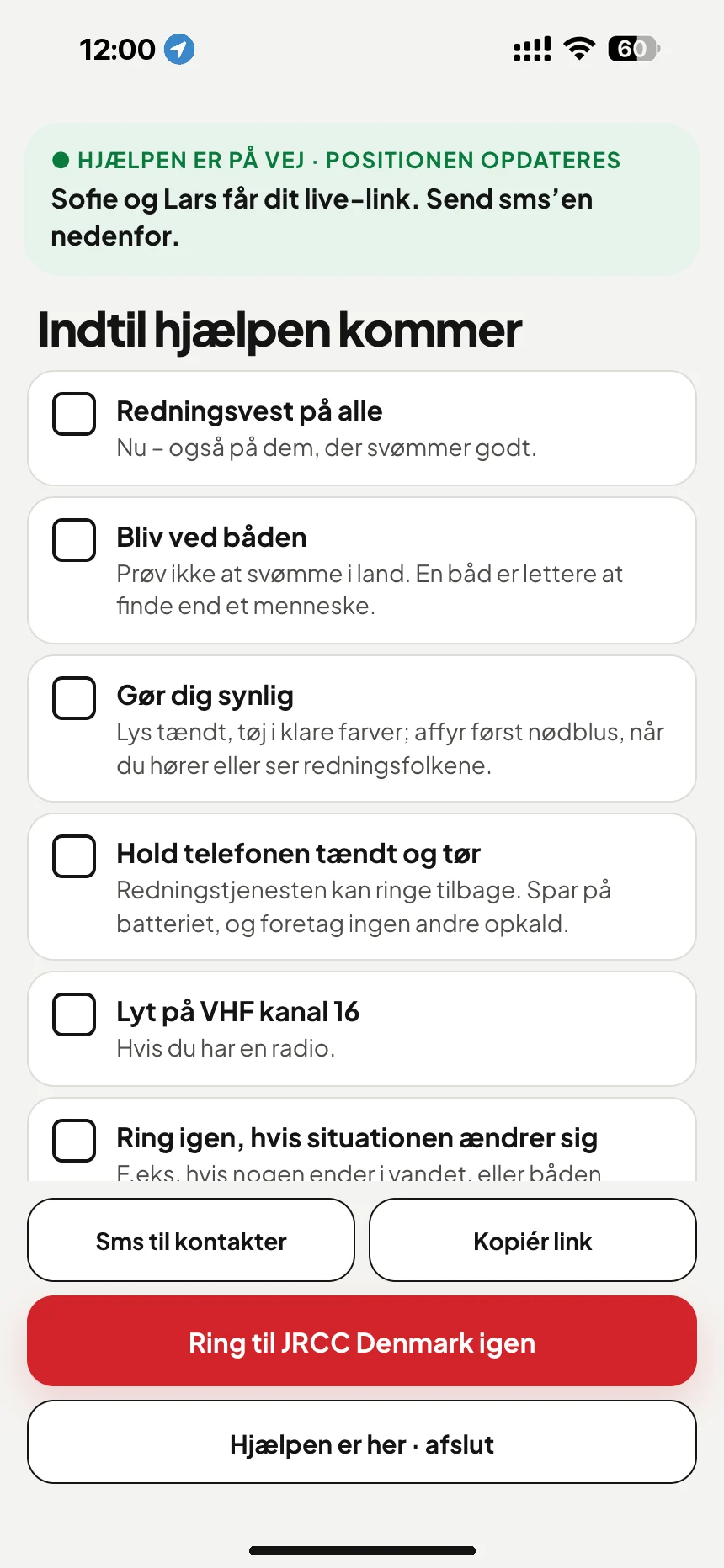 Mens du venter på søredningen: tjekliste, indtil hjælpen når frem, og sms med live-linket til dine nærmeste · VesselSOS