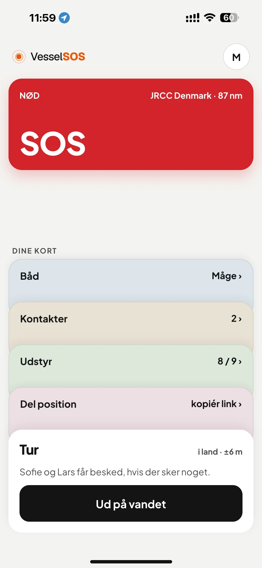 Sikkerhedsapp til sejlere: SOS-knap og den ansvarlige redningscentral, JRCC Denmark · VesselSOS
