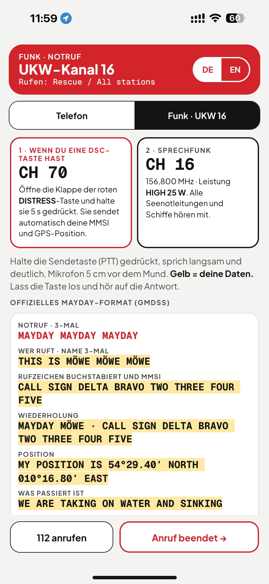 MAYDAY über UKW-Funk: Notmeldung auf Kanal 16 mit Bootsname, Rufzeichen und Position · VesselSOS