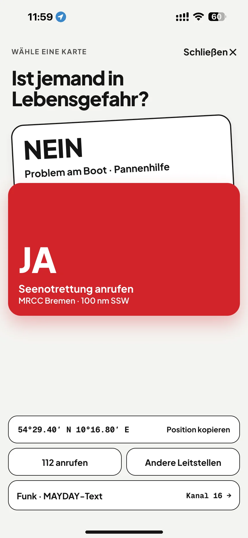 SOS auf dem Wasser: ist jemand in Lebensgefahr? Ja ruft MRCC Bremen an, Nein öffnet die Schlepphilfe · VesselSOS