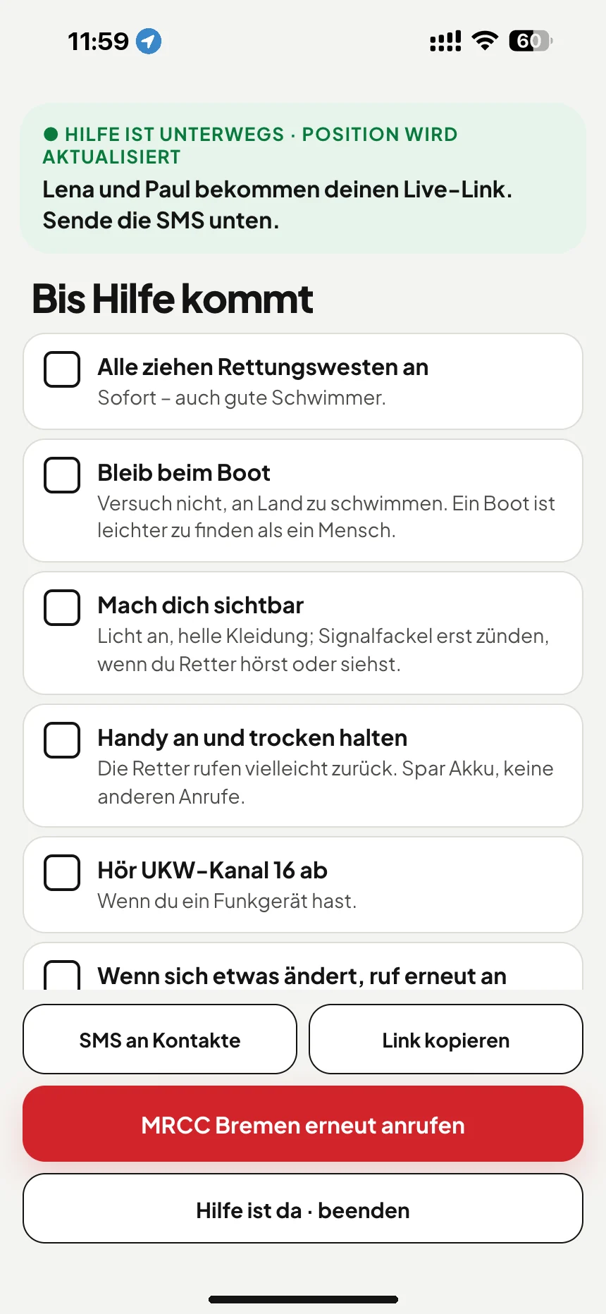 Warten auf die Seenotrettung: Checkliste, bis die Hilfe da ist, und SMS mit dem Live-Link an deine Kontakte · VesselSOS