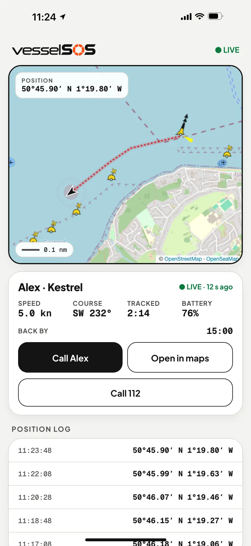 Live boat tracking link: the boat's position, speed and phone battery on a map in any browser · VesselSOS