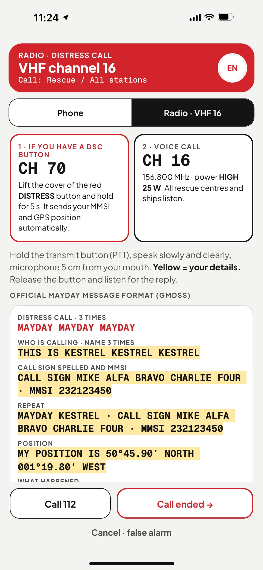 VHF MAYDAY call: channel 16 distress message filled in with the boat's name, call sign and position · VesselSOS