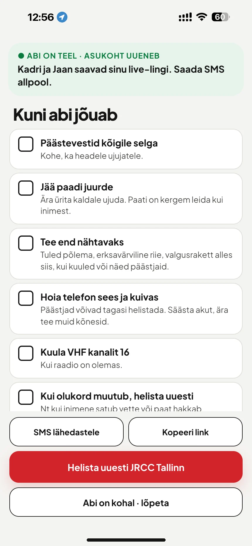 Merepääste ootamine: kontrollnimekiri abi saabumiseni ja SMS jälgimislingiga lähedastele · VesselSOS