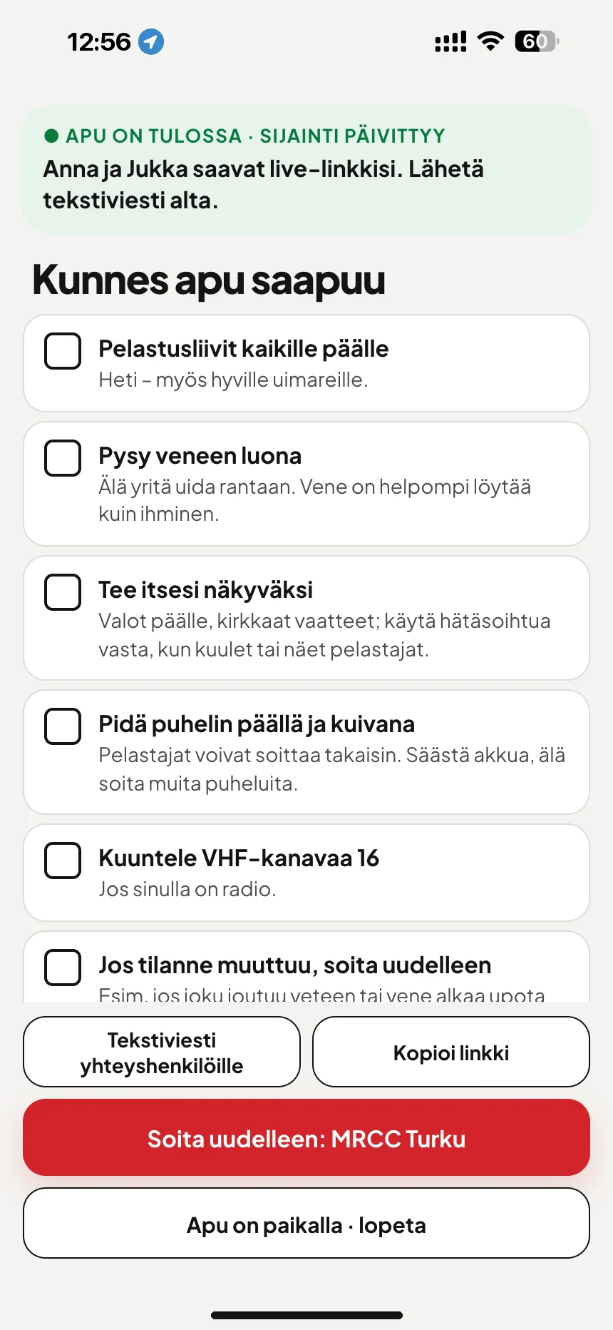 Meripelastusta odottaessa: tarkistuslista avun saapumiseen asti ja tekstiviesti seurantalinkillä läheisille · VesselSOS