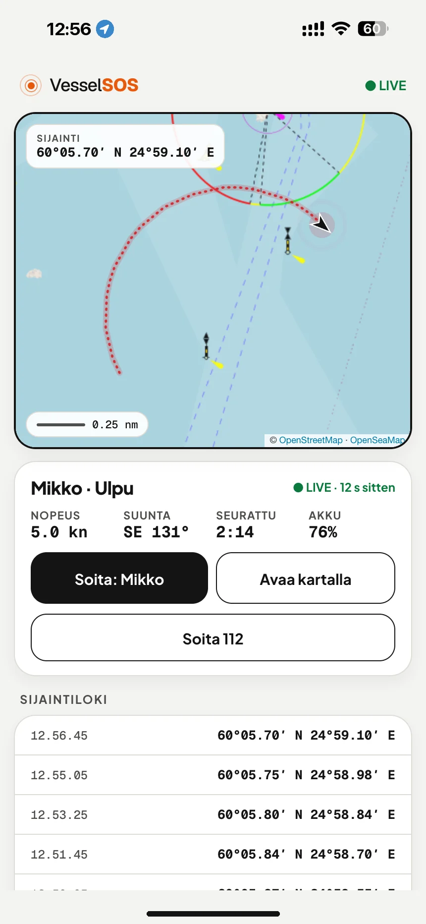 Veneen seurantalinkki: veneen sijainti, nopeus ja puhelimen akku kartalla missä tahansa selaimessa · VesselSOS