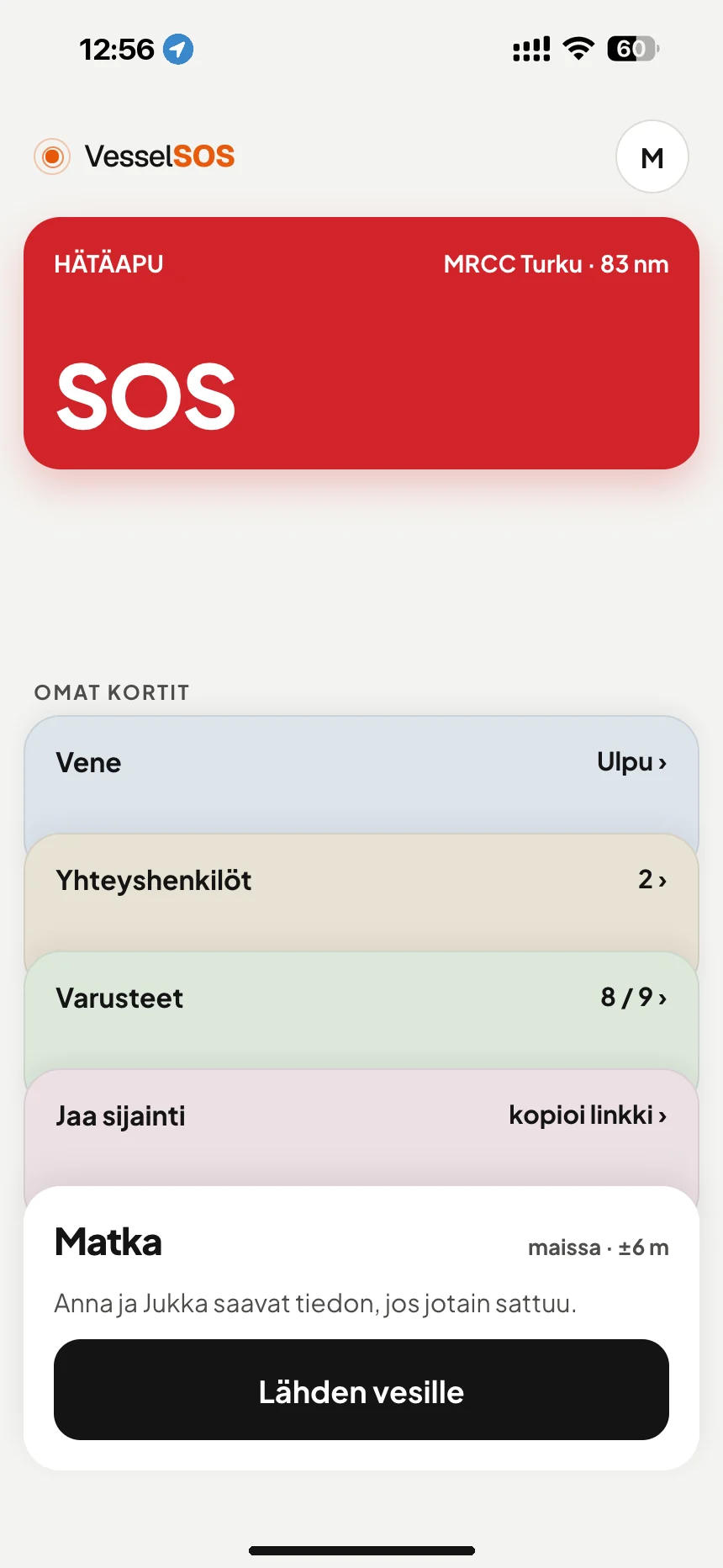 Veneilysovellus: SOS-painike ja vastuussa oleva meripelastuskeskus MRCC Turku · VesselSOS