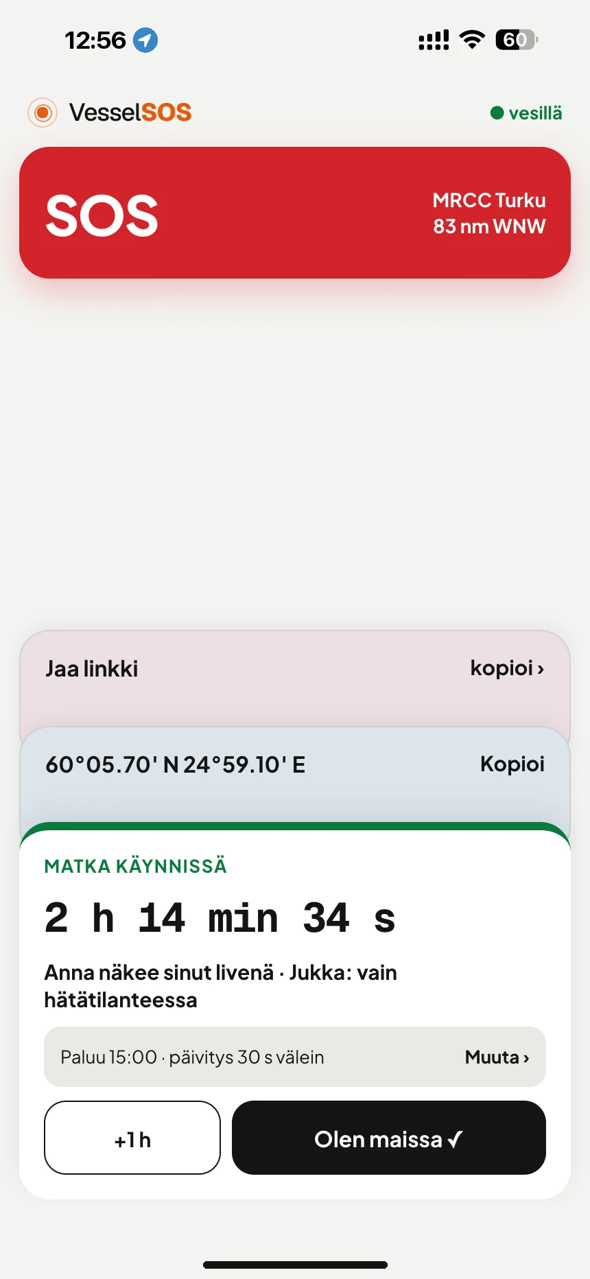 Veneretken seuranta: matka käynnissä: paluuaika ja yhteyshenkilöt, jotka näkevät sinut livenä · VesselSOS