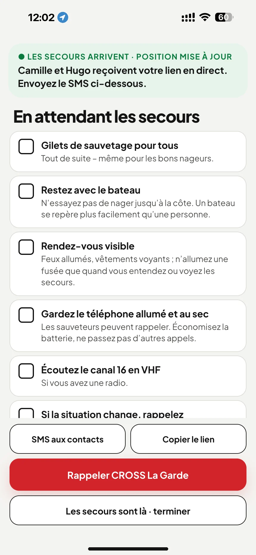 En attendant les secours en mer: liste de contrôle jusqu’à l’arrivée des secours et SMS avec le lien de suivi pour vos proches · VesselSOS