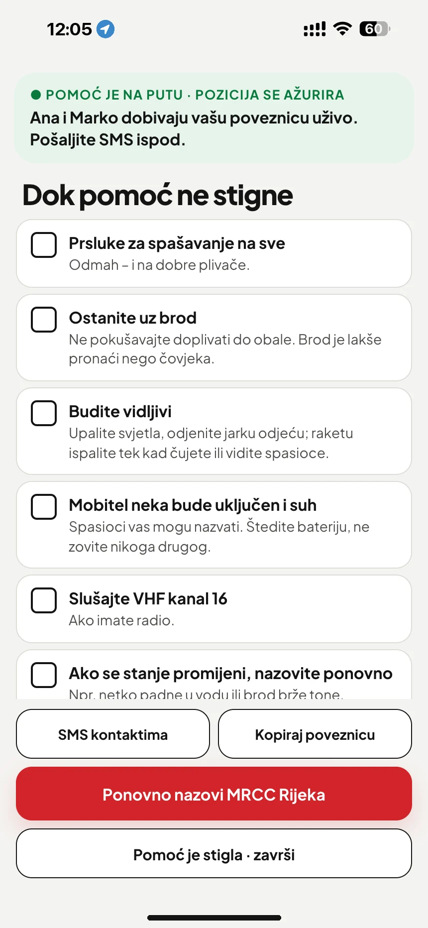 Dok čekate spašavanje: popis provjere do dolaska pomoći i SMS s poveznicom za praćenje vašim bližnjima · VesselSOS
