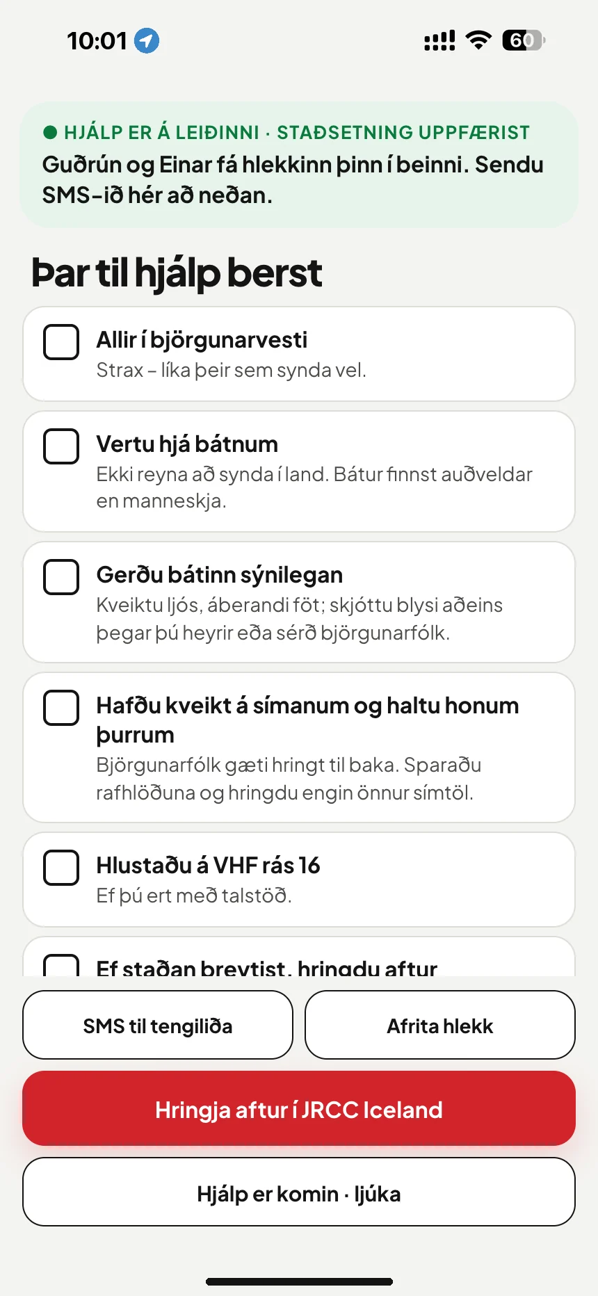 Beðið eftir sjóbjörgun: gátlisti þar til hjálp berst og SMS með ferilhlekknum til þinna nánustu · VesselSOS