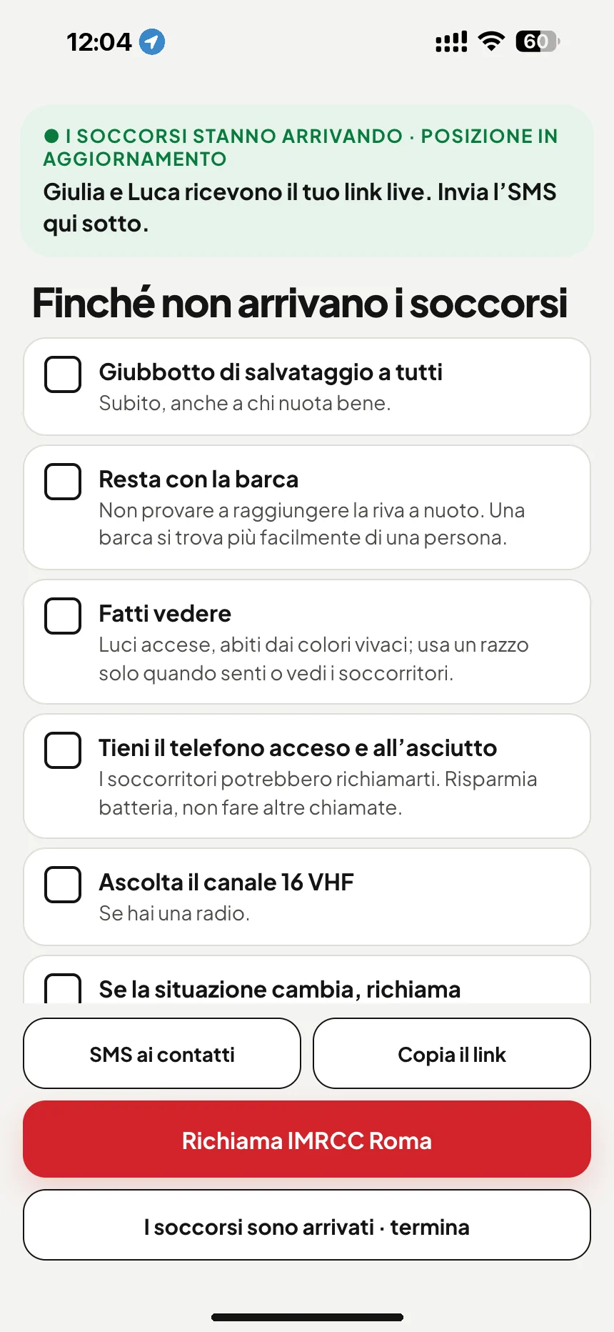 In attesa dei soccorsi in mare: checklist fino all’arrivo dei soccorsi e SMS con il link di tracciamento per i tuoi cari · VesselSOS