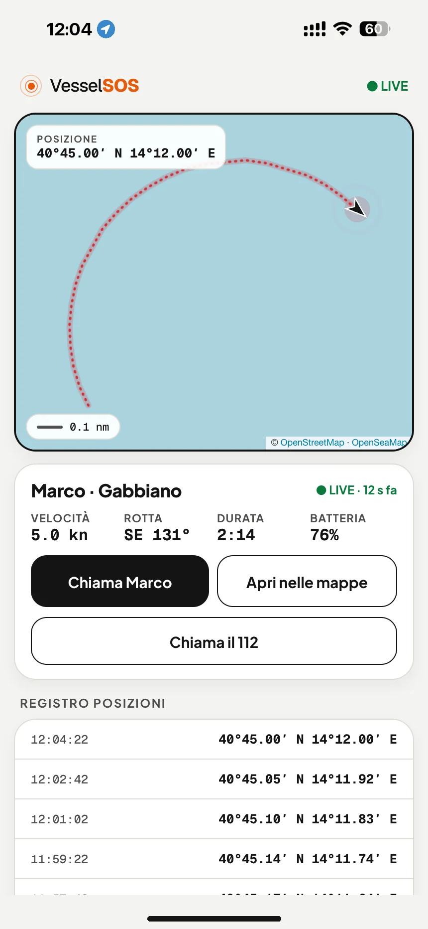 Link di tracciamento della barca in tempo reale: posizione, velocità e batteria del telefono sulla mappa, in qualsiasi browser · VesselSOS