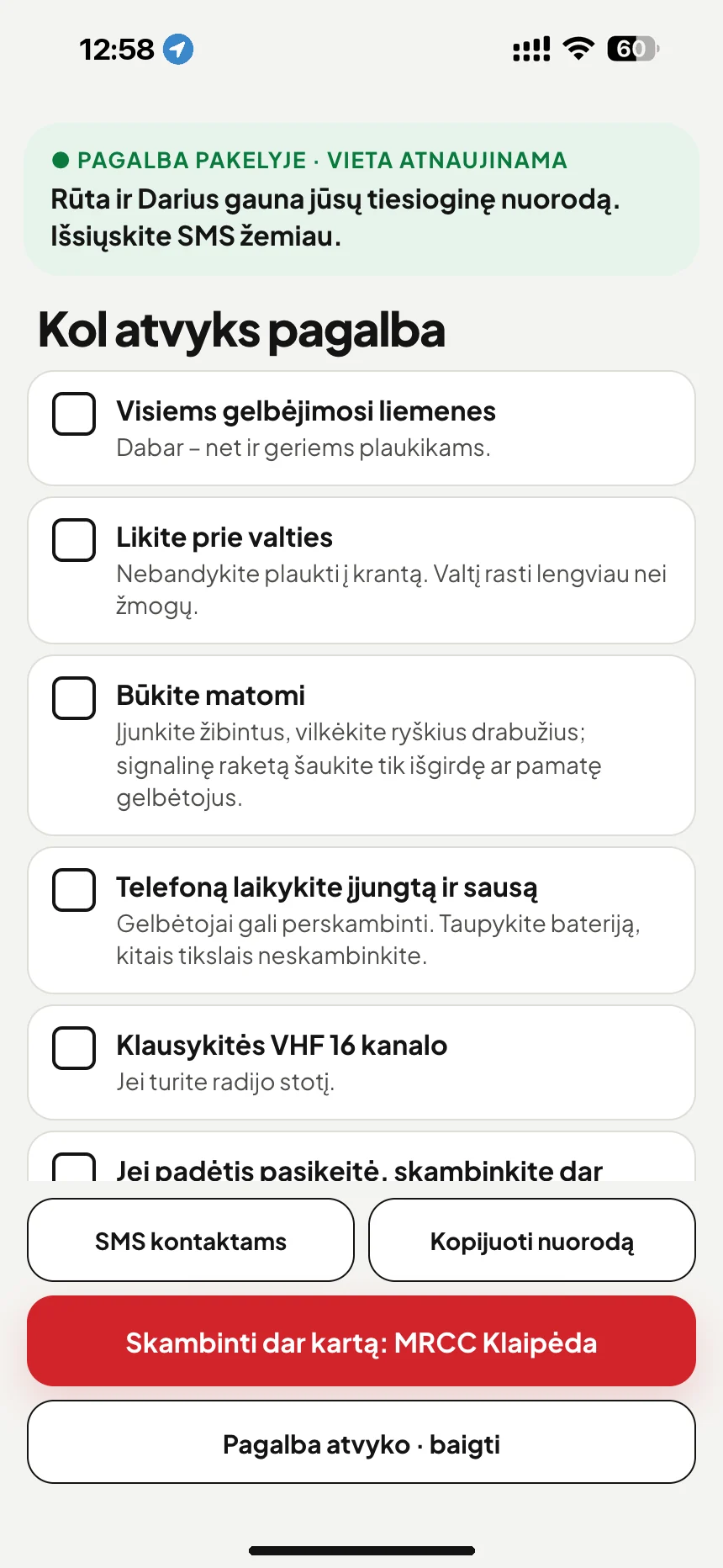 Laukiant gelbėtojų: kontrolinis sąrašas, kol atvyks pagalba, ir SMS su sekimo nuoroda artimiesiems · VesselSOS