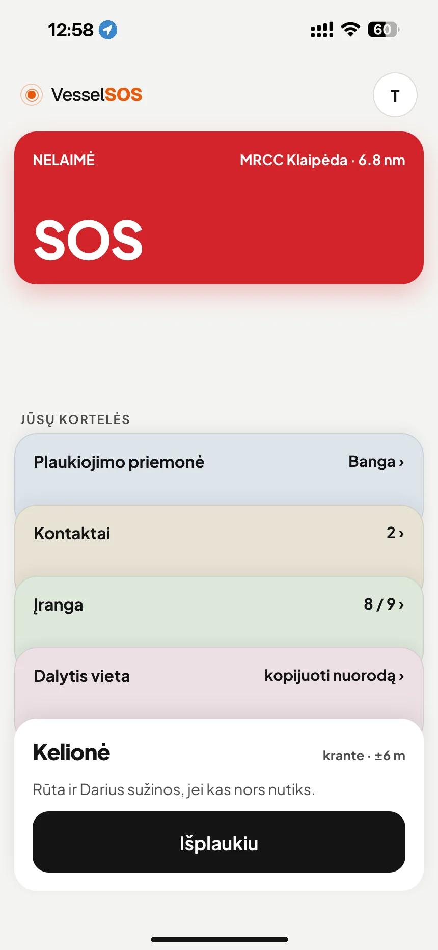 Saugaus plaukiojimo programėlė: SOS mygtukas ir atsakingas gelbėjimo centras MRCC Klaipėda · VesselSOS