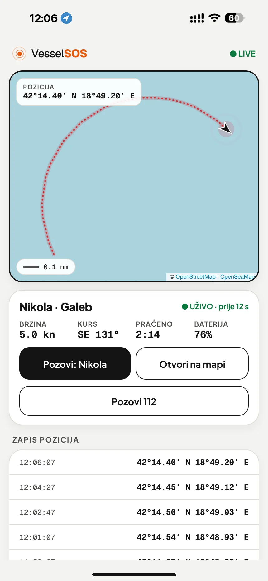Link za praćenje čamca uživo: pozicija, brzina i baterija telefona na mapi u bilo kom pretraživaču · VesselSOS