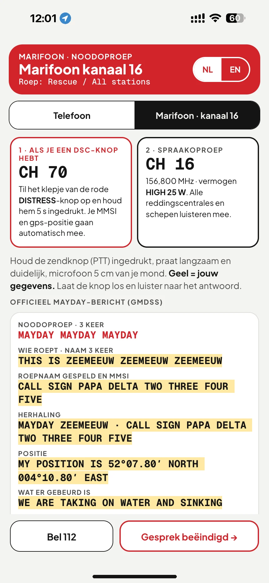 MAYDAY via de marifoon: noodbericht op kanaal 16 met bootnaam, roepnaam en positie · VesselSOS