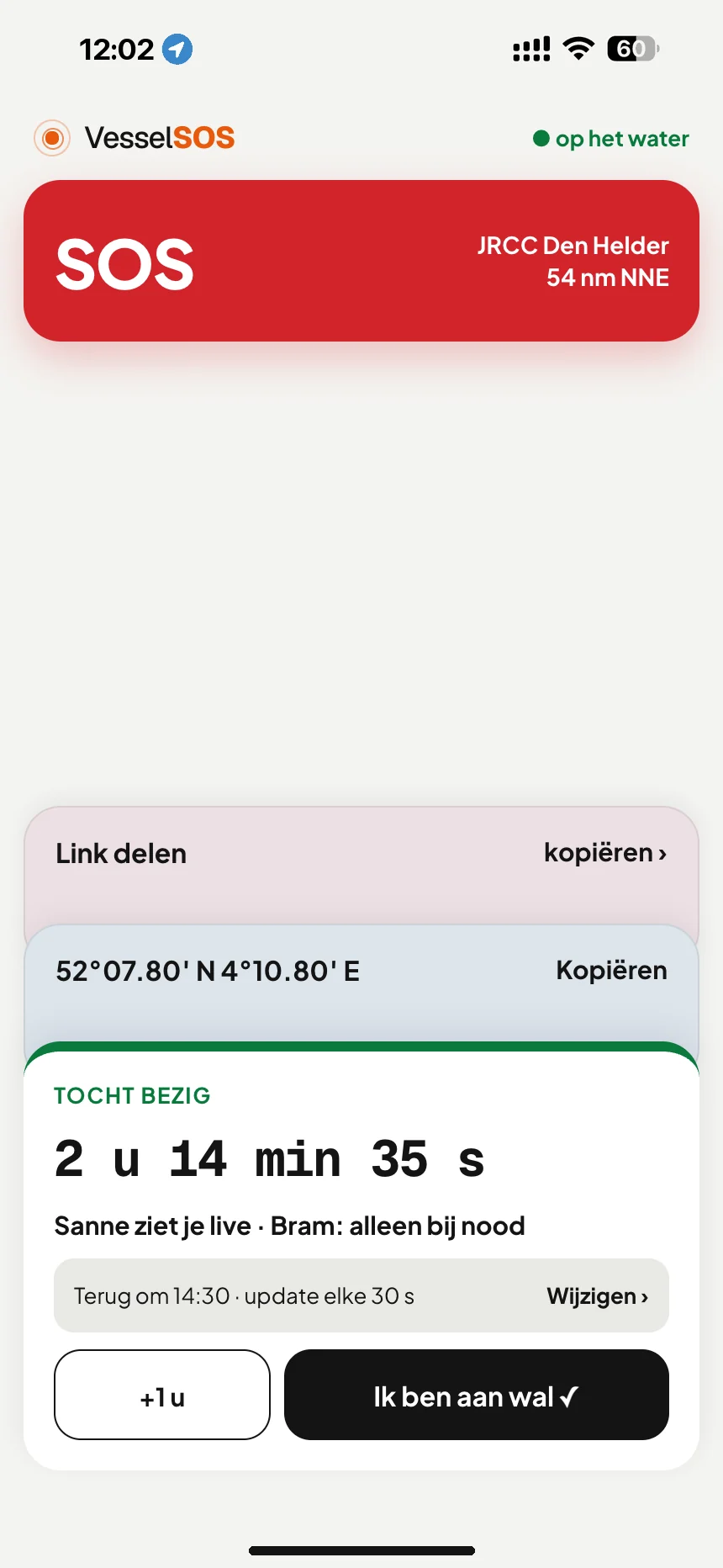 Vaartocht volgen: tocht bezig: terugkeertijd en contacten die je live zien · VesselSOS