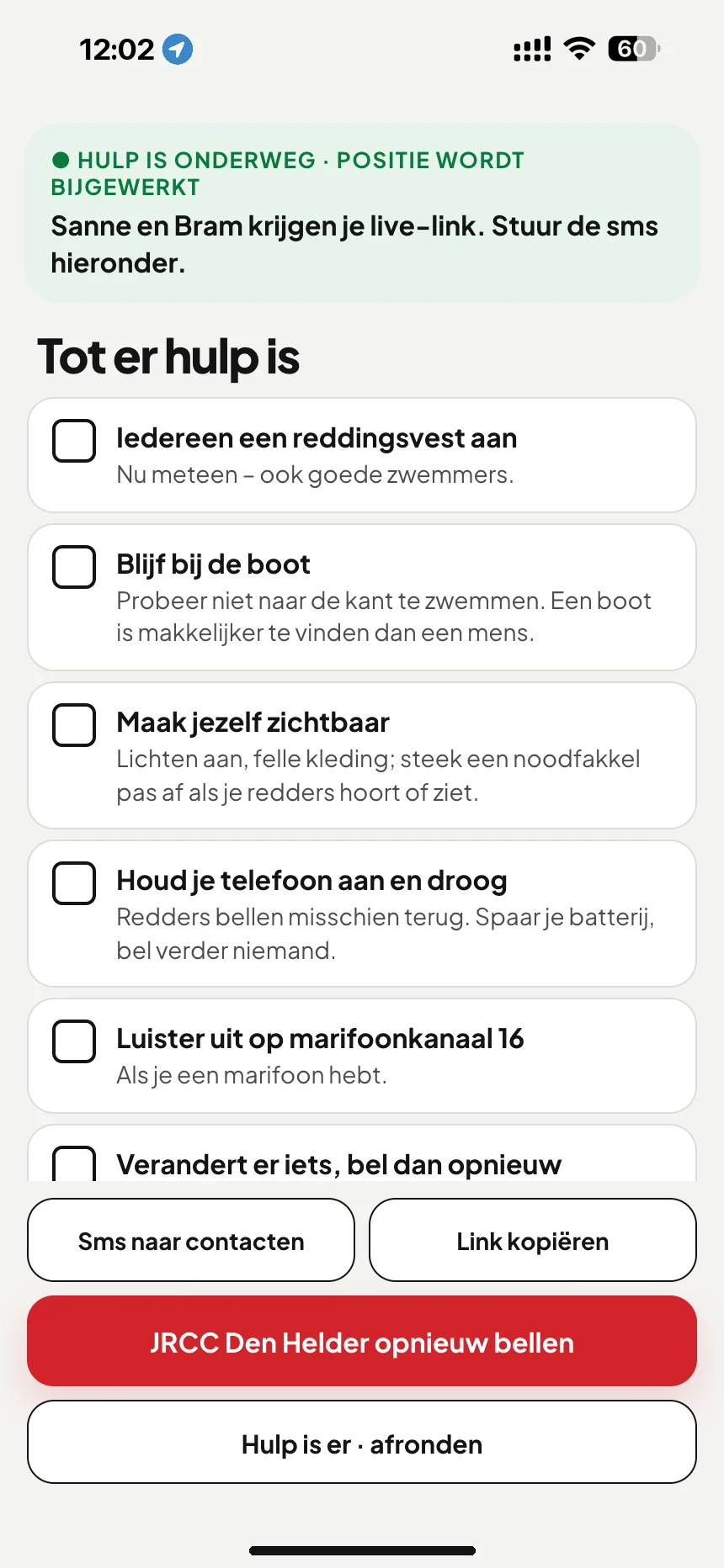 Wachten op de reddingsdienst: checklist tot de hulp er is en een sms met de live-link voor je naasten · VesselSOS