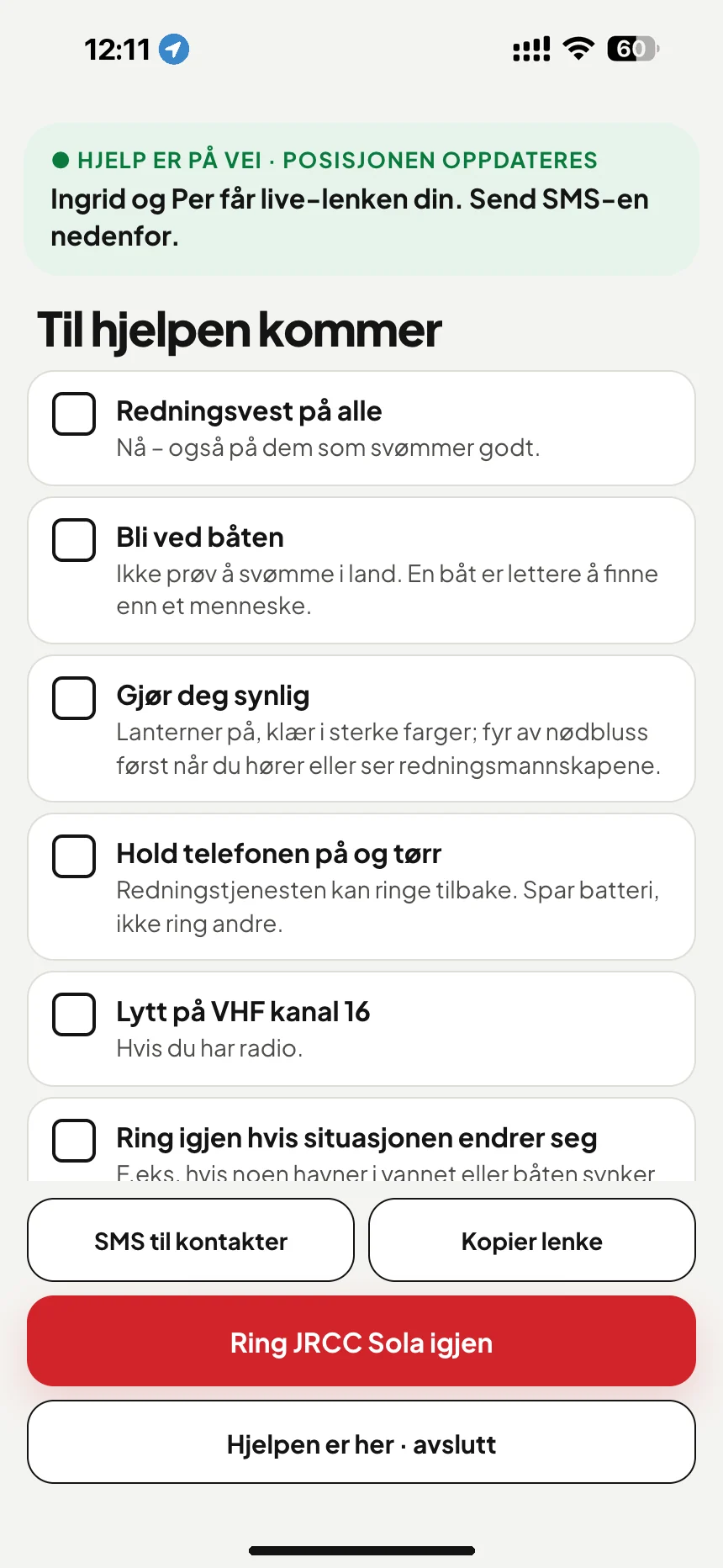 Mens du venter på sjøredning: sjekkliste til hjelpen kommer og SMS med sporingslenken til dine nærmeste · VesselSOS