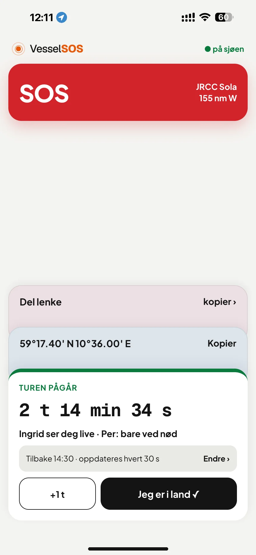 Sporing av båtturen: turen pågår: hjemkomsttid og kontakter som ser deg live · VesselSOS