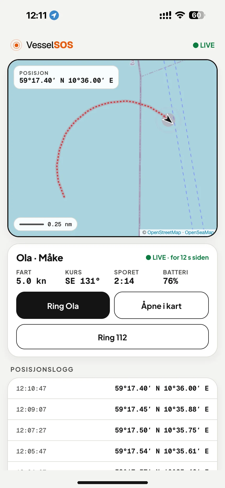 Sporingslenke for båten: båtens posisjon, fart og telefonens batteri på kartet i hvilken som helst nettleser · VesselSOS