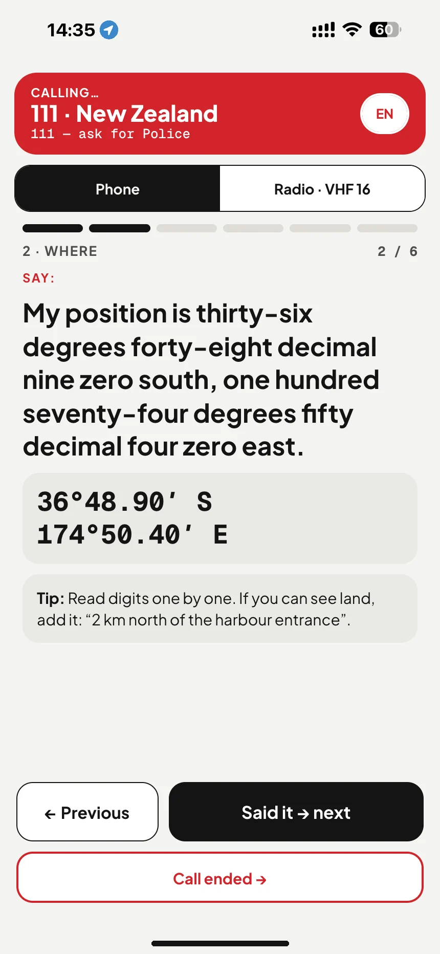 Call 111 from a boat: the call script says “Police. Boat emergency, I’m on the water” and reads your position out in words · VesselSOS