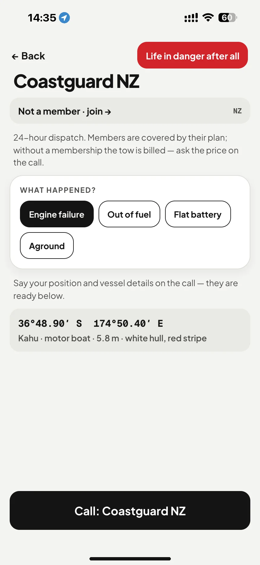 Coastguard NZ breakdown help: engine failure or flat battery: one tap calls the Coastguard non-urgent line · VesselSOS