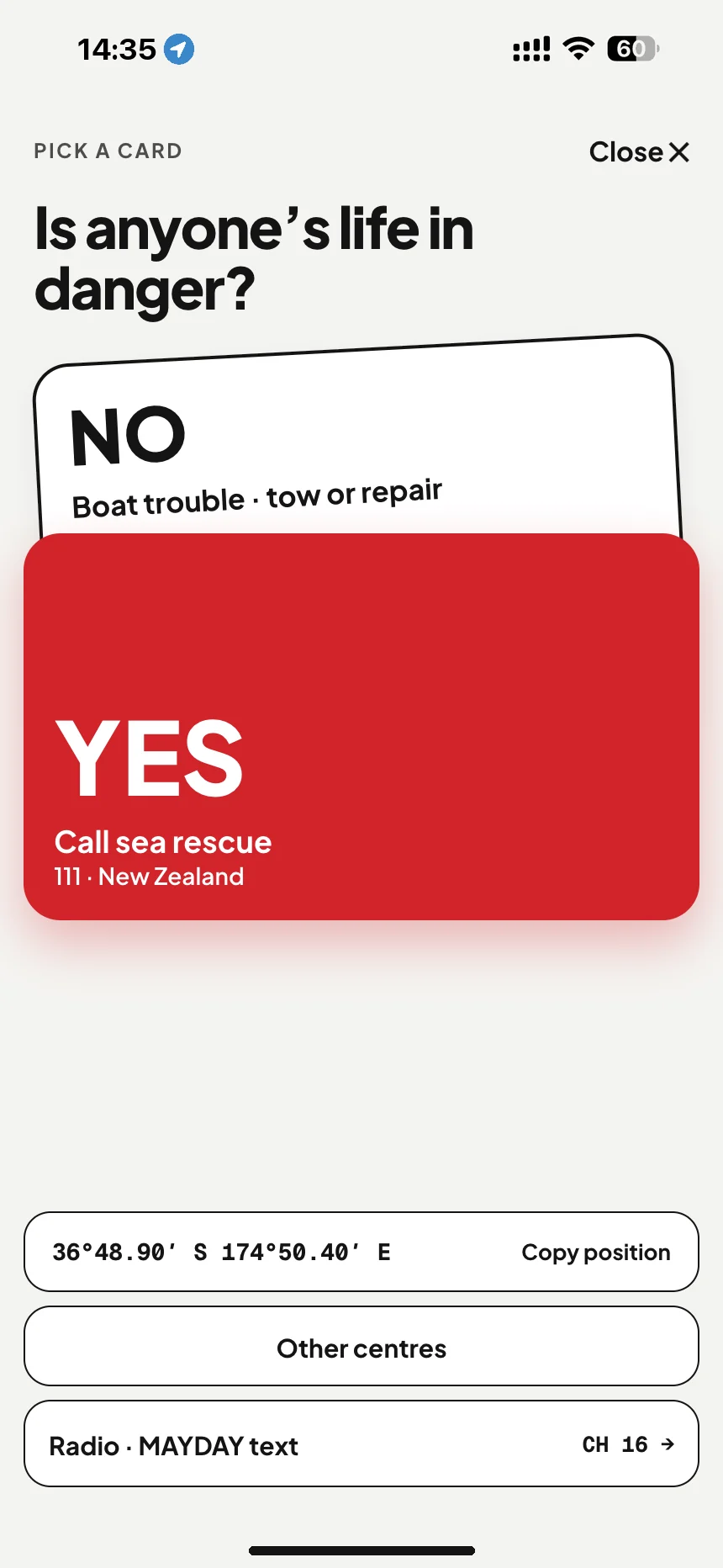 Marine SOS in New Zealand: is anyone's life in danger? Yes dials 111, no opens Coastguard help · VesselSOS